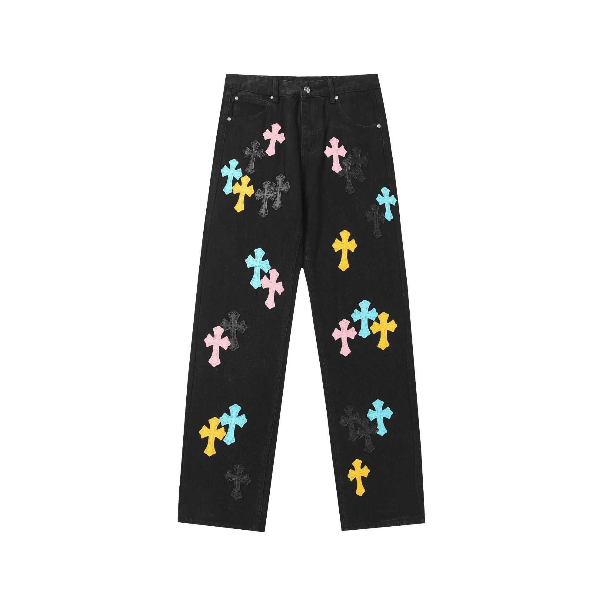 KE983 P250 The only correct leather label version on the market Chrome Hearts CH Cross embroidery Miami limited color leather jeans Top ceiling quality 100% correct version The correct version is here!  Believe me this must be the best quality you will ever come across! ! Excellent value for money! !  Styles with different washes and textures are very friendly to people with thin legs and thick legs. The straight version is very flattering to the shape of the legs. The moderate length is timeless and easy to match. It is the basis of various styles and a must-have in the wardrobe! ! Add a little stacking to make the atmosphere easy to control. The fabric is stiff but the upper body is soft without losing texture. The sides and cuffs of some styles have a bone-wash effect. It’s really hard not to love it!  ✅Correctly customize the Croxin metal leather label on the back panel. It is definitely not sold directly with the cross on the finished jeans. 1:1 copying strives for excellence and the details are perfectly grasped. ✅The cross leather label is clear and smooth. Exquisite turning top craftsmanship. ✅Buttons, zippers and hardware are all customized versions of the Croxin LOGO. ✅High-cost washing process. Size: 28 30 32 34 36